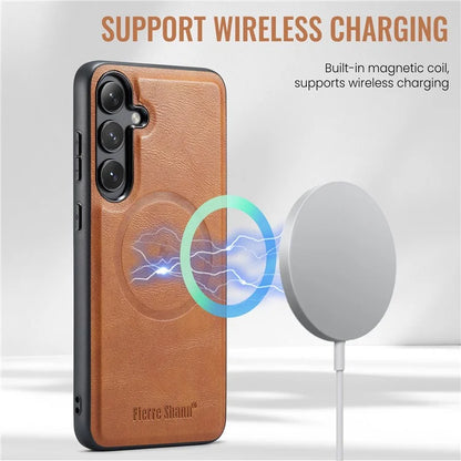FIERRE SHANN 025 Style For Samsung Galaxy S24+ Kickstand Case Card Holder PU+TPU Phone Cover