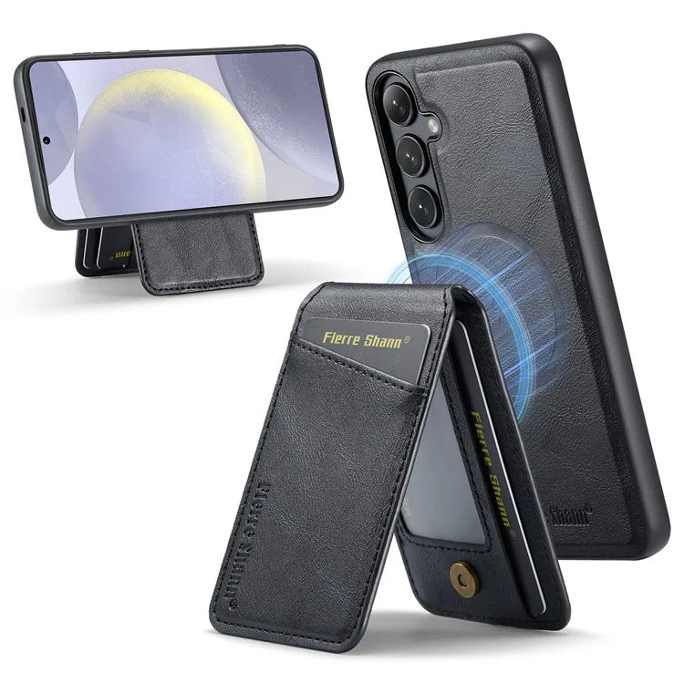 FIERRE SHANN 025 Style For Samsung Galaxy S24+ Kickstand Case Card Holder PU+TPU Phone Cover