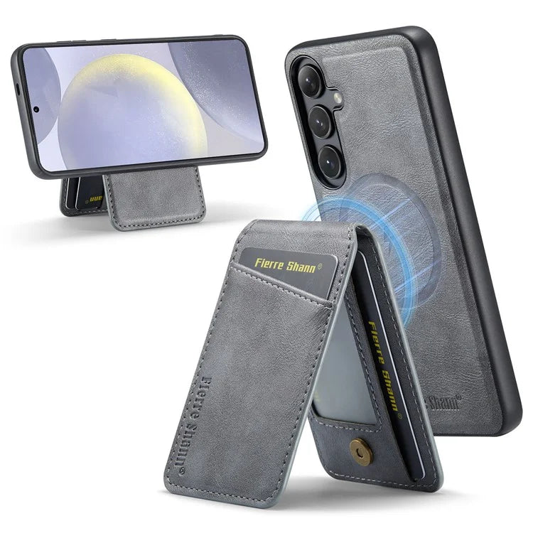 FIERRE SHANN 025 Style For Samsung Galaxy S24+ Kickstand Case Card Holder PU+TPU Phone Cover