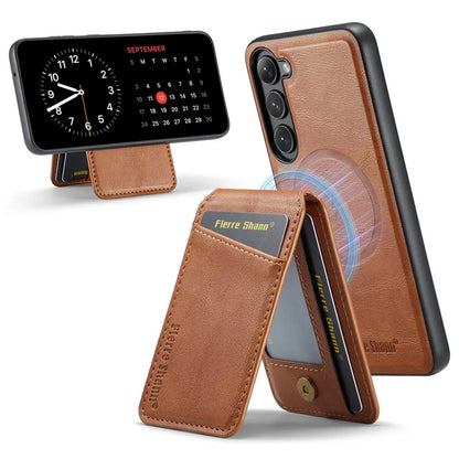FIERRE SHANN 025 Style For Samsung Galaxy S23+ Case Card Holder Kickstand PU+TPU Phone Shell
