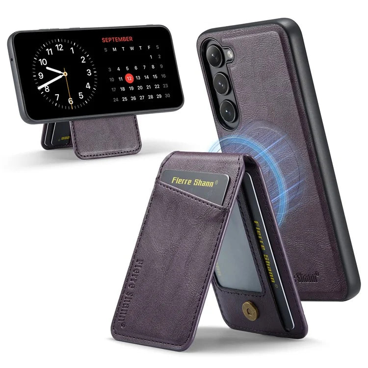 FIERRE SHANN 025 Style For Samsung Galaxy S23+ Case Card Holder Kickstand PU+TPU Phone Shell