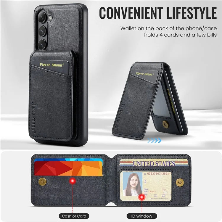 FIERRE SHANN 025 Style For Samsung Galaxy S23+ Case Card Holder Kickstand PU+TPU Phone Shell
