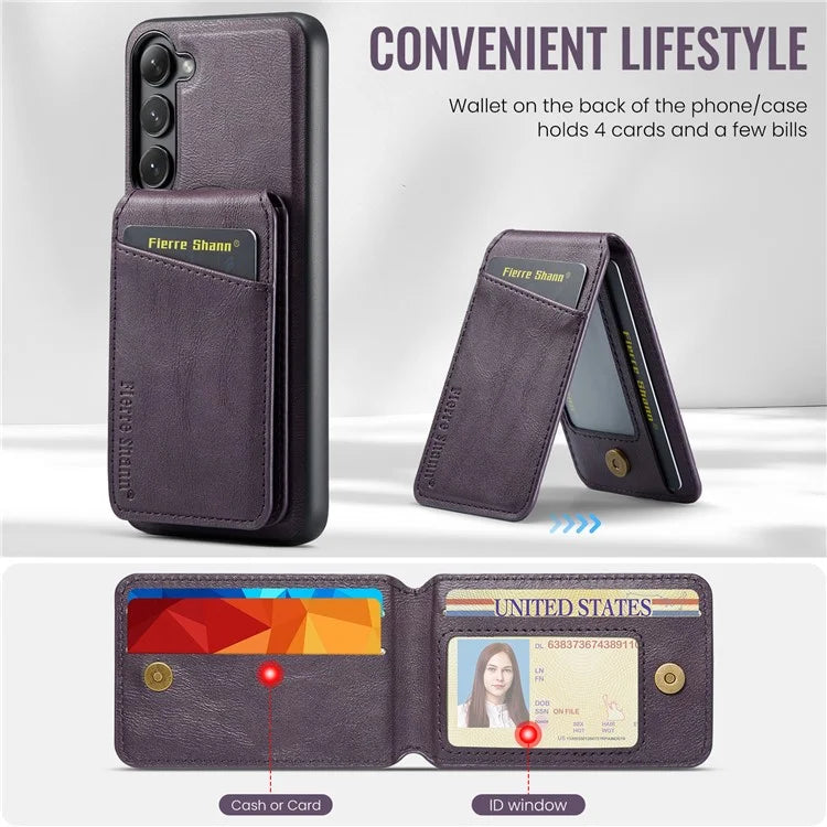 FIERRE SHANN 025 Style For Samsung Galaxy S23 Case Leather Back Cover Detachable RFID Blocking Card Holder