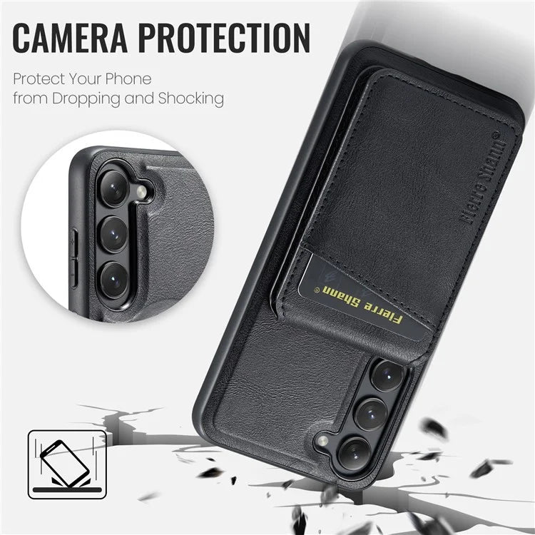 FIERRE SHANN 025 Style For Samsung Galaxy S23 Case Leather Back Cover Detachable RFID Blocking Card Holder