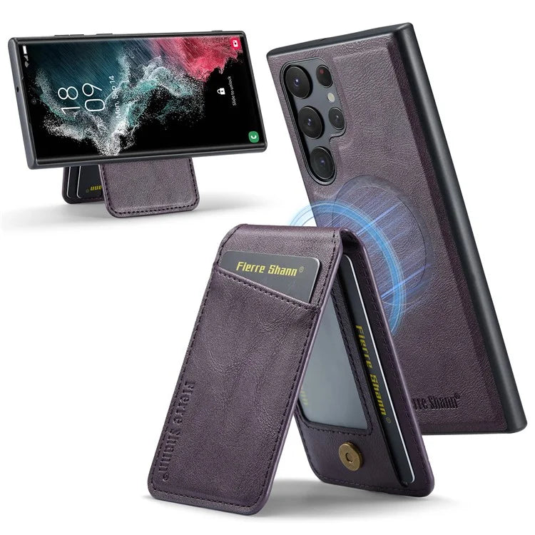 FIERRE SHANN 025 Style For Samsung Galaxy S22 Ultra 5G Case RFID Blocking Leather+TPU Phone Cover Detachable