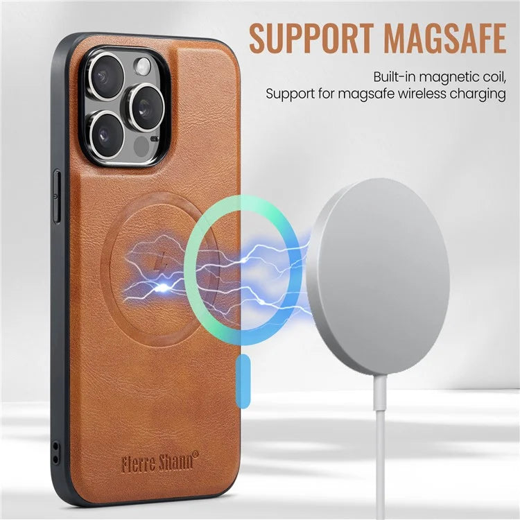 FIERRE SHANN 025 Style For iPhone 15 Pro Max Magnetic Case Leather+TPU Phone Cover Card Slots