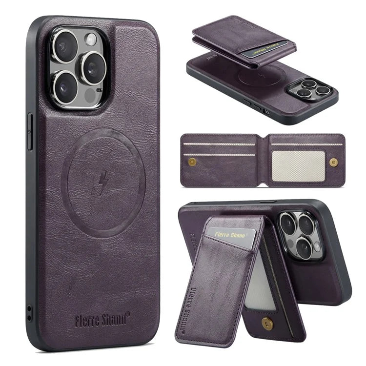 FIERRE SHANN 025 Style For iPhone 15 Pro Case Magnetic Card Slots Leather Coated TPU Cover