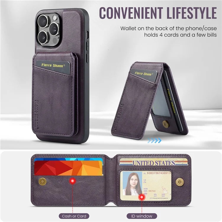 FIERRE SHANN 025 Style For iPhone 15 Pro Case Magnetic Card Slots Leather Coated TPU Cover