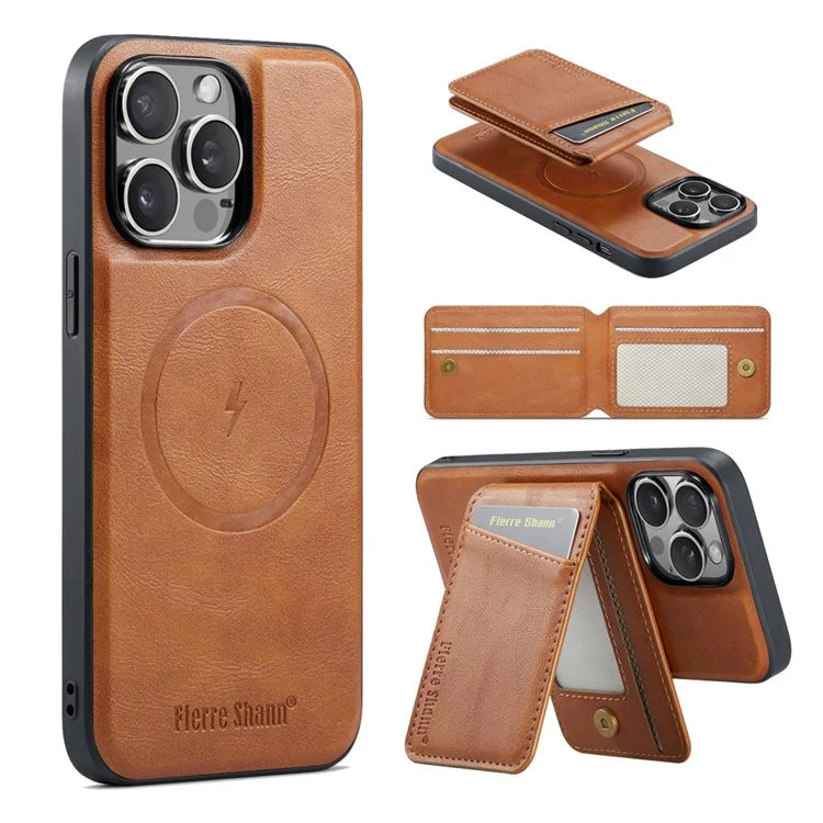 FIERRE SHANN 025 Style For iPhone 15 Pro Case Magnetic Card Slots Leather Coated TPU Cover