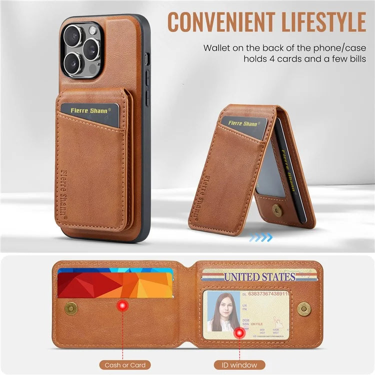FIERRE SHANN 025 Style For iPhone 15 Pro Case Magnetic Card Slots Leather Coated TPU Cover