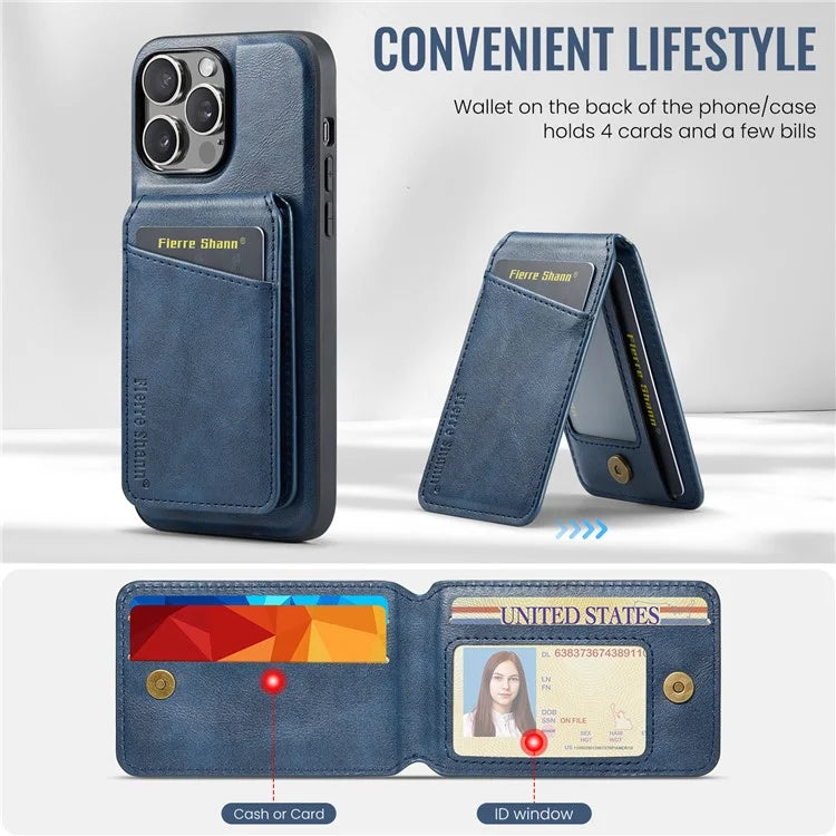 FIERRE SHANN 025 Style For iPhone 15 Pro Case Magnetic Card Slots Leather Coated TPU Cover