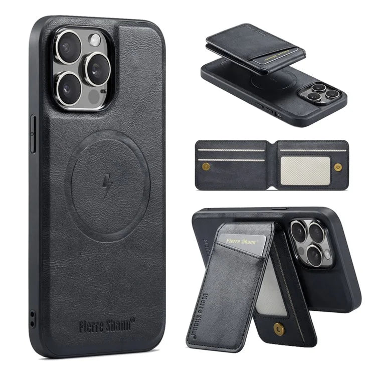 FIERRE SHANN 025 Style For iPhone 15 Pro Case Magnetic Card Slots Leather Coated TPU Cover