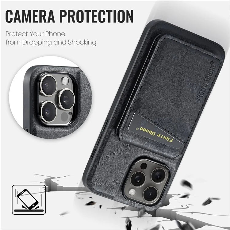 FIERRE SHANN 025 Style For iPhone 15 Pro Case Magnetic Card Slots Leather Coated TPU Cover