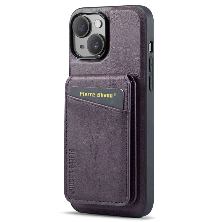 FIERRE SHANN 025 Style For iPhone 15 Plus Case with Detachable Card Holder Kickstand Leather+TPU Phone Cover