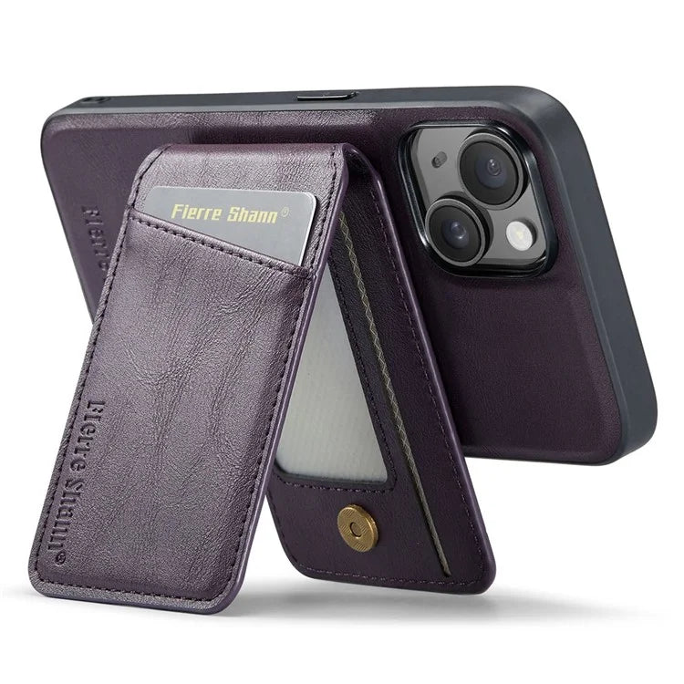 FIERRE SHANN 025 Style For iPhone 15 Plus Case with Detachable Card Holder Kickstand Leather+TPU Phone Cover