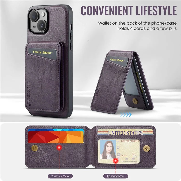 FIERRE SHANN 025 Style For iPhone 15 Plus Case with Detachable Card Holder Kickstand Leather+TPU Phone Cover