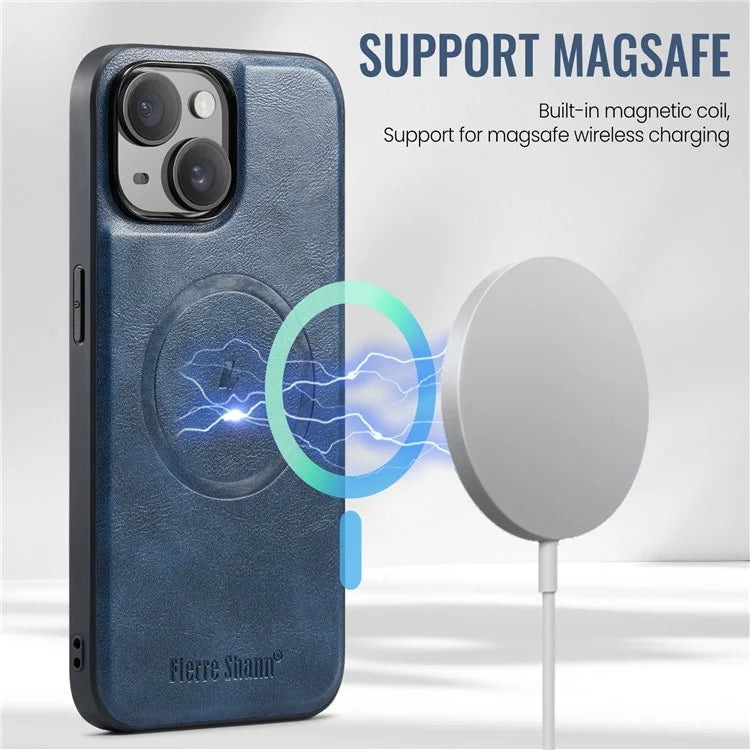 FIERRE SHANN 025 Style For iPhone 15 Plus Case with Detachable Card Holder Kickstand Leather+TPU Phone Cover