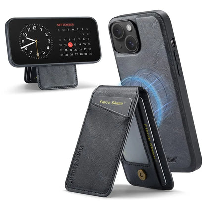 FIERRE SHANN 025 Style For iPhone 15 Plus Case with Detachable Card Holder Kickstand Leather+TPU Phone Cover