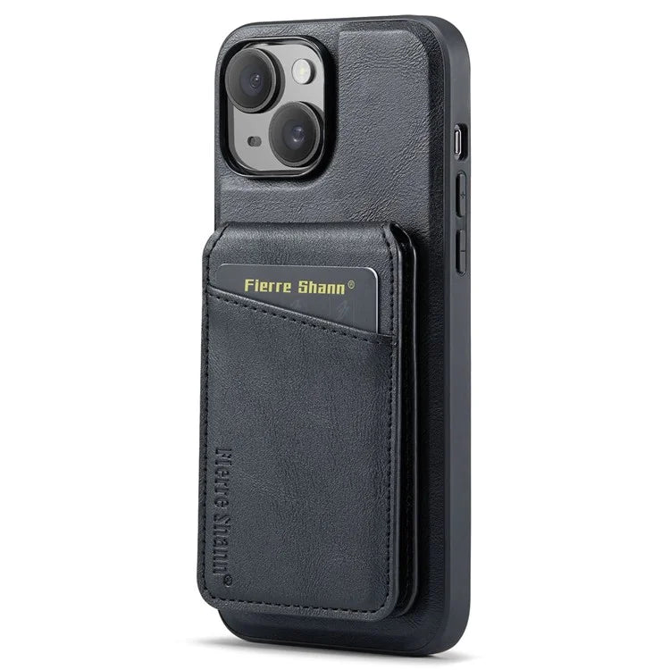 FIERRE SHANN 025 Style For iPhone 15 Plus Case with Detachable Card Holder Kickstand Leather+TPU Phone Cover