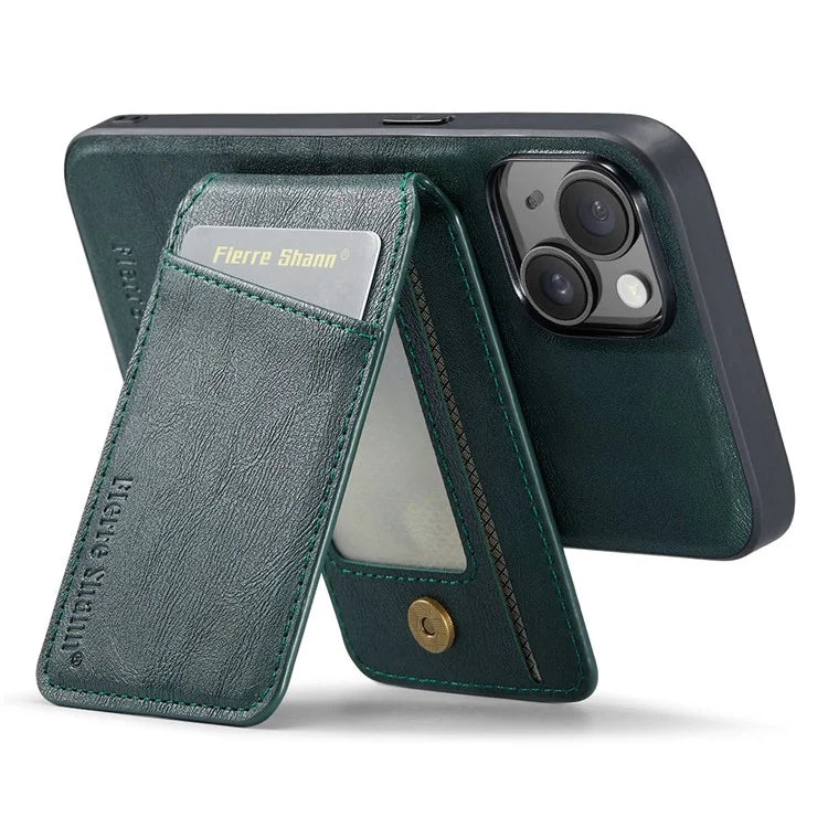 FIERRE SHANN 025 Style For iPhone 15 Plus Case with Detachable Card Holder Kickstand Leather+TPU Phone Cover