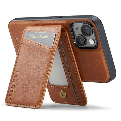 FIERRE SHANN 025 Style For iPhone 15 Plus Case with Detachable Card Holder Kickstand Leather+TPU Phone Cover