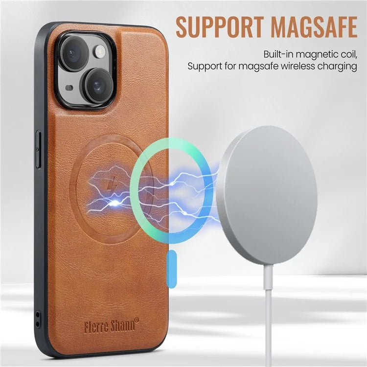 FIERRE SHANN 025 Style For iPhone 15 Plus Case with Detachable Card Holder Kickstand Leather+TPU Phone Cover