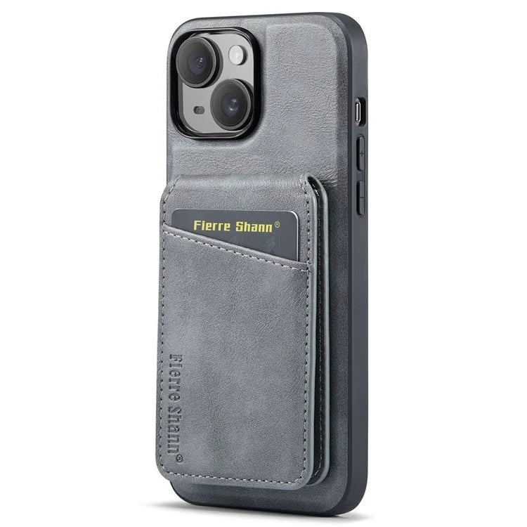 FIERRE SHANN 025 Style For iPhone 15 Plus Case with Detachable Card Holder Kickstand Leather+TPU Phone Cover