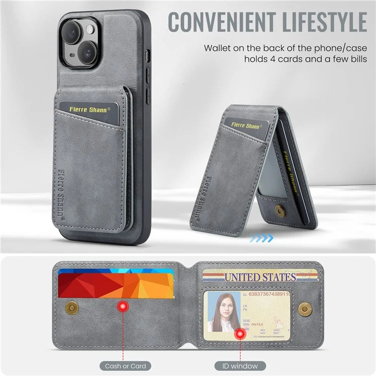 FIERRE SHANN 025 Style For iPhone 15 Plus Case with Detachable Card Holder Kickstand Leather+TPU Phone Cover