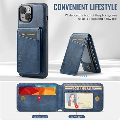 FIERRE SHANN 025 Style For iPhone 15 Case Kickstand PU+TPU Phone Cover with Card Bag