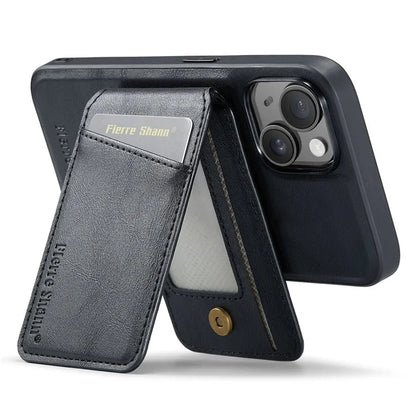 FIERRE SHANN 025 Style For iPhone 15 Case Kickstand PU+TPU Phone Cover with Card Bag