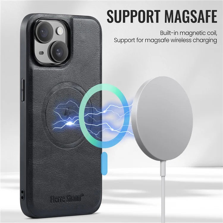 FIERRE SHANN 025 Style For iPhone 15 Case Kickstand PU+TPU Phone Cover with Card Bag