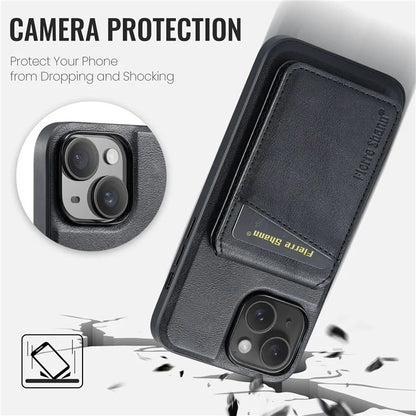 FIERRE SHANN 025 Style For iPhone 15 Case Kickstand PU+TPU Phone Cover with Card Bag