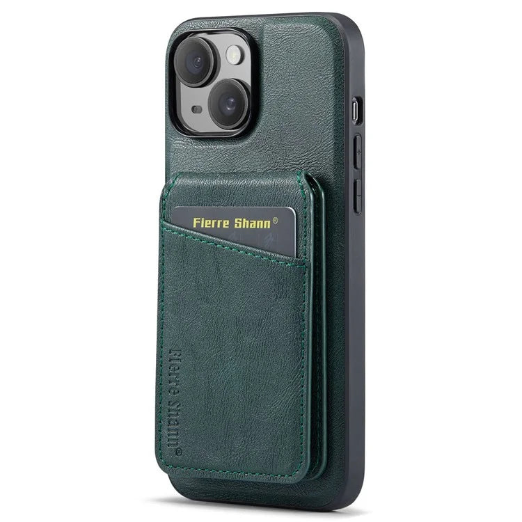 FIERRE SHANN 025 Style For iPhone 15 Case Kickstand PU+TPU Phone Cover with Card Bag