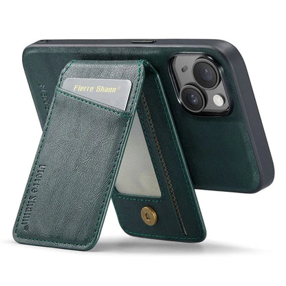 FIERRE SHANN 025 Style For iPhone 15 Case Kickstand PU+TPU Phone Cover with Card Bag