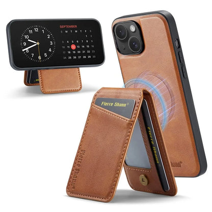 FIERRE SHANN 025 Style For iPhone 15 Case Kickstand PU+TPU Phone Cover with Card Bag