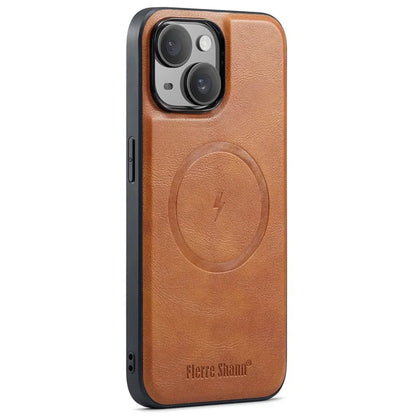 FIERRE SHANN 025 Style For iPhone 15 Case Kickstand PU+TPU Phone Cover with Card Bag