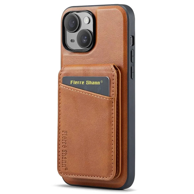 FIERRE SHANN 025 Style For iPhone 15 Case Kickstand PU+TPU Phone Cover with Card Bag