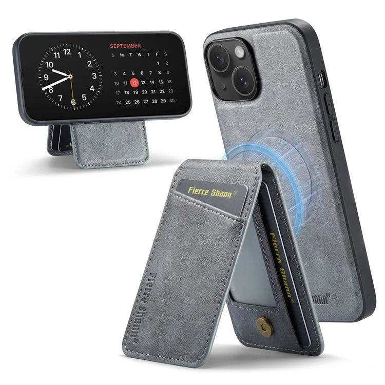 FIERRE SHANN 025 Style For iPhone 15 Case Kickstand PU+TPU Phone Cover with Card Bag