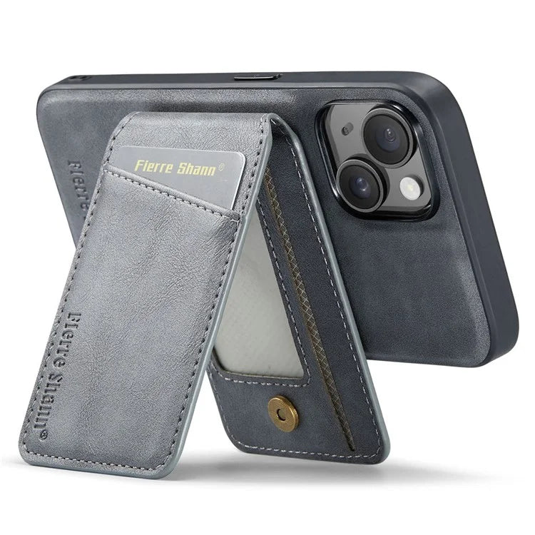 FIERRE SHANN 025 Style For iPhone 15 Case Kickstand PU+TPU Phone Cover with Card Bag