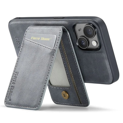 FIERRE SHANN 025 Style For iPhone 15 Case Kickstand PU+TPU Phone Cover with Card Bag
