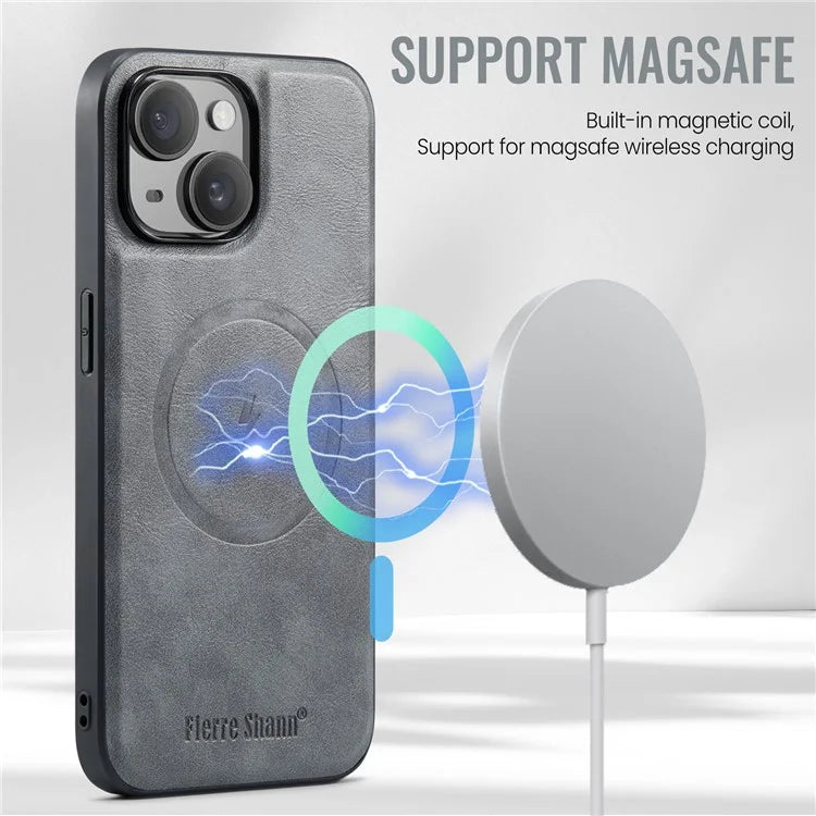 FIERRE SHANN 025 Style For iPhone 15 Case Kickstand PU+TPU Phone Cover with Card Bag