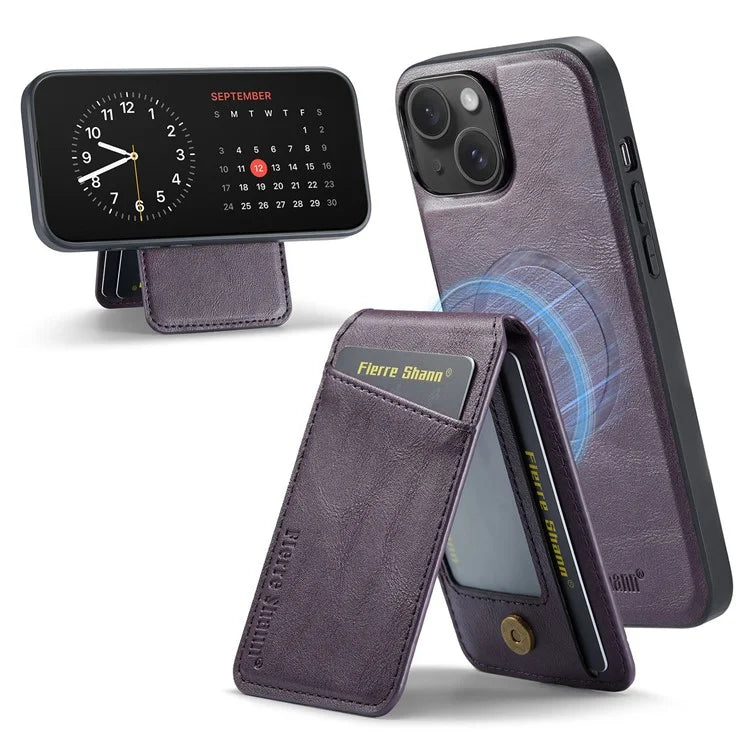 FIERRE SHANN 025 Style For iPhone 15 Case Kickstand PU+TPU Phone Cover with Card Bag