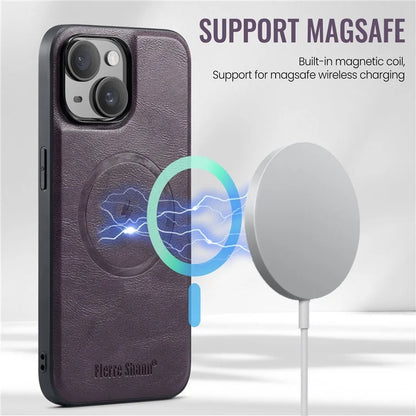 FIERRE SHANN 025 Style For iPhone 15 Case Kickstand PU+TPU Phone Cover with Card Bag