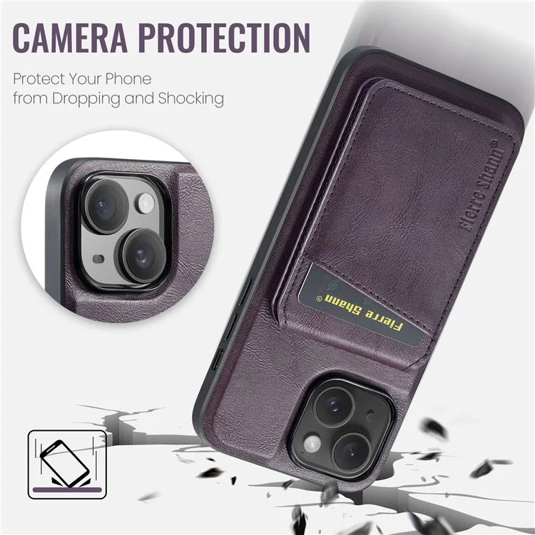 FIERRE SHANN 025 Style For iPhone 15 Case Kickstand PU+TPU Phone Cover with Card Bag