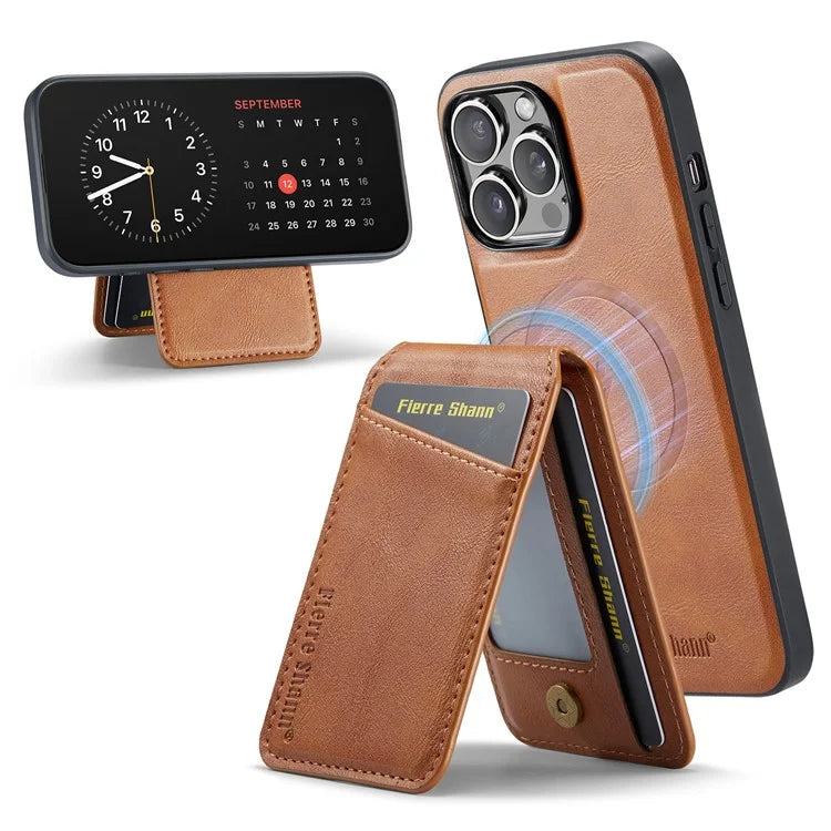 FIERRE SHANN 025 Style For iPhone 13 Pro Max Case Card Holder PU+TPU Phone Cover with Kickstand