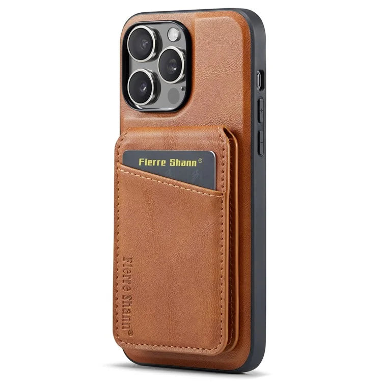 FIERRE SHANN 025 Style For iPhone 13 Pro Max Case Card Holder PU+TPU Phone Cover with Kickstand