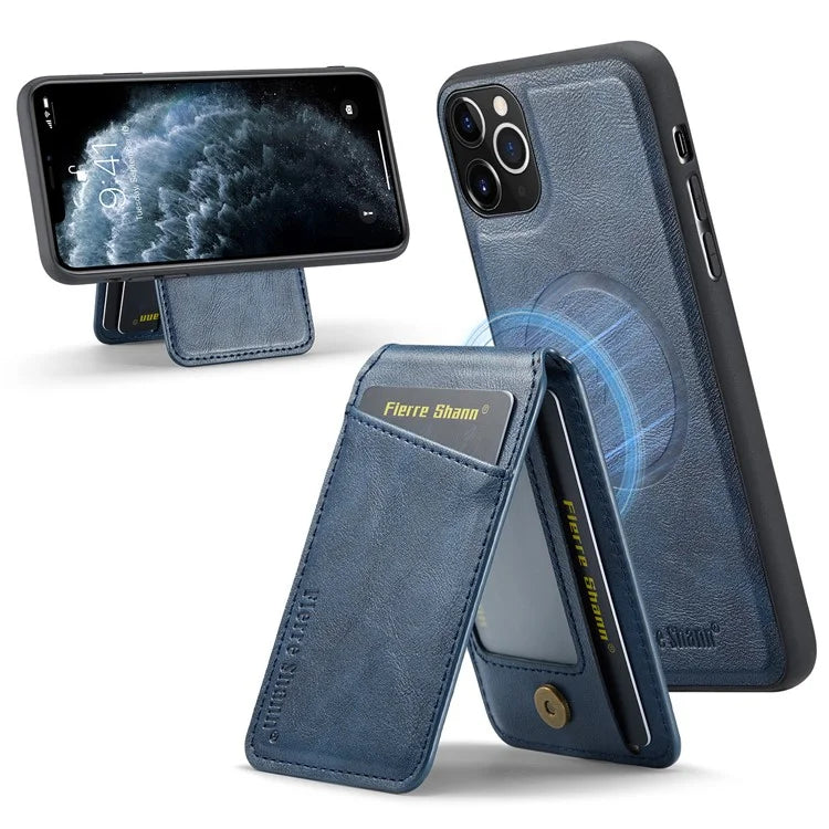 FIERRE SHANN 025 Style For iPhone 11 Pro Max Case Leather Back Cover Magnetic Card Holder RFID Blocking
