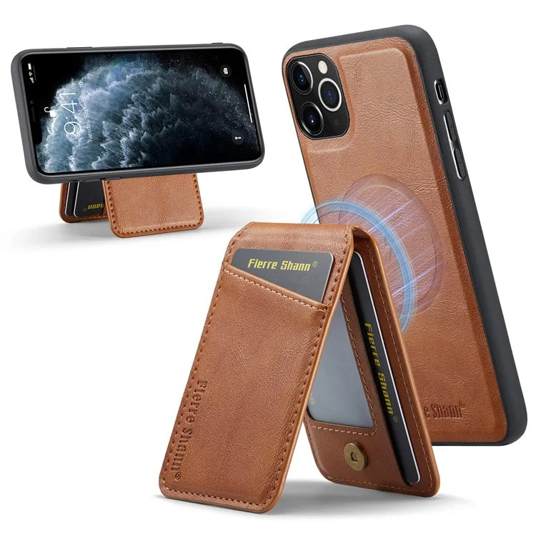FIERRE SHANN 025 Style For iPhone 11 Pro Max Case Leather Back Cover Magnetic Card Holder RFID Blocking