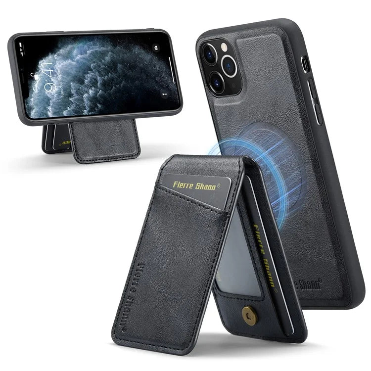 FIERRE SHANN 025 Style For iPhone 11 Pro Max Case Leather Back Cover Magnetic Card Holder RFID Blocking