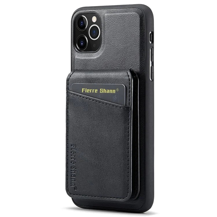 FIERRE SHANN 025 Style For iPhone 11 Pro Max Case Leather Back Cover Magnetic Card Holder RFID Blocking